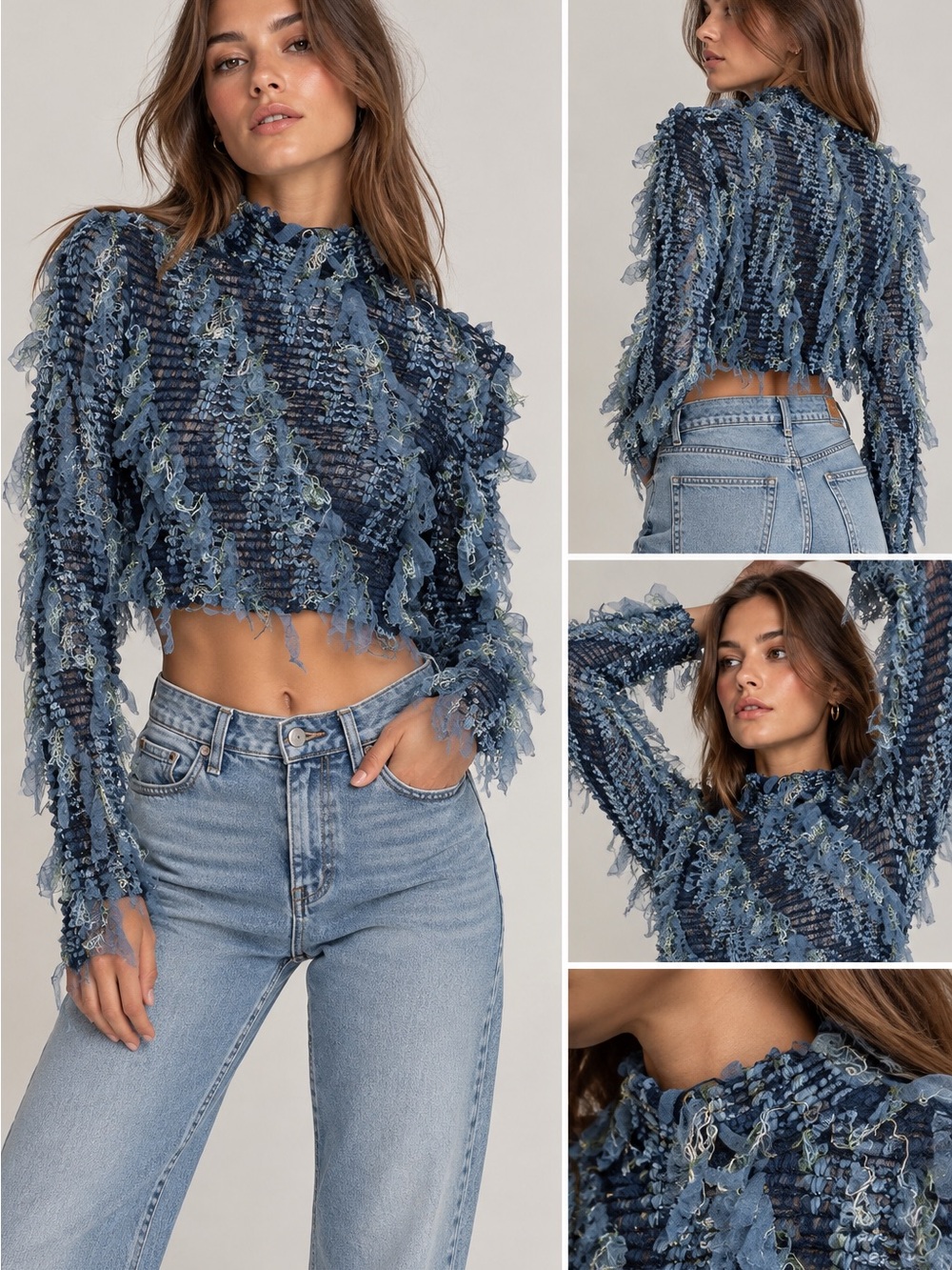 MadRag 2X Y2K Cropped Long Sleeve Top Blue Lace Fringe Fairy Grunge